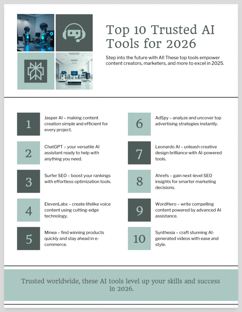 Illustration showcasing the top 10 AI tools of 2025 with icons representing various categories like content creation, SEO, e-commerce, and analytics. The design features sleek, futuristic elements with vibrant colors, highlighting tools like Jasper AI, ChatGPT, Surfer SEO, ElevenLabs, and more, symbolizing innovation and efficiency in technology.